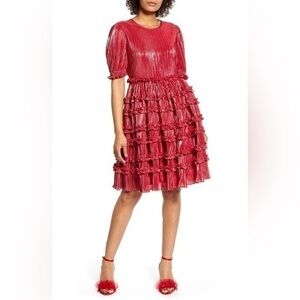 Halogen x Atlantic-Pacific Chili Red Ruffle Plisse Puff Sleeve Party Dress M NWT